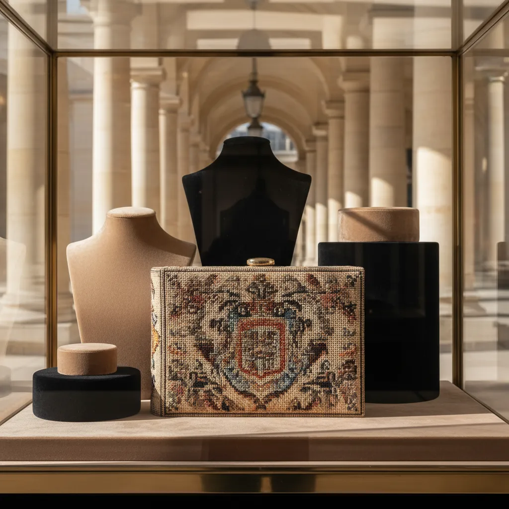 Un clutch-livre Olympia Le-Tan sous les arcades du Palais-Royal : entre 50 et 120 heures de broderie par pièce