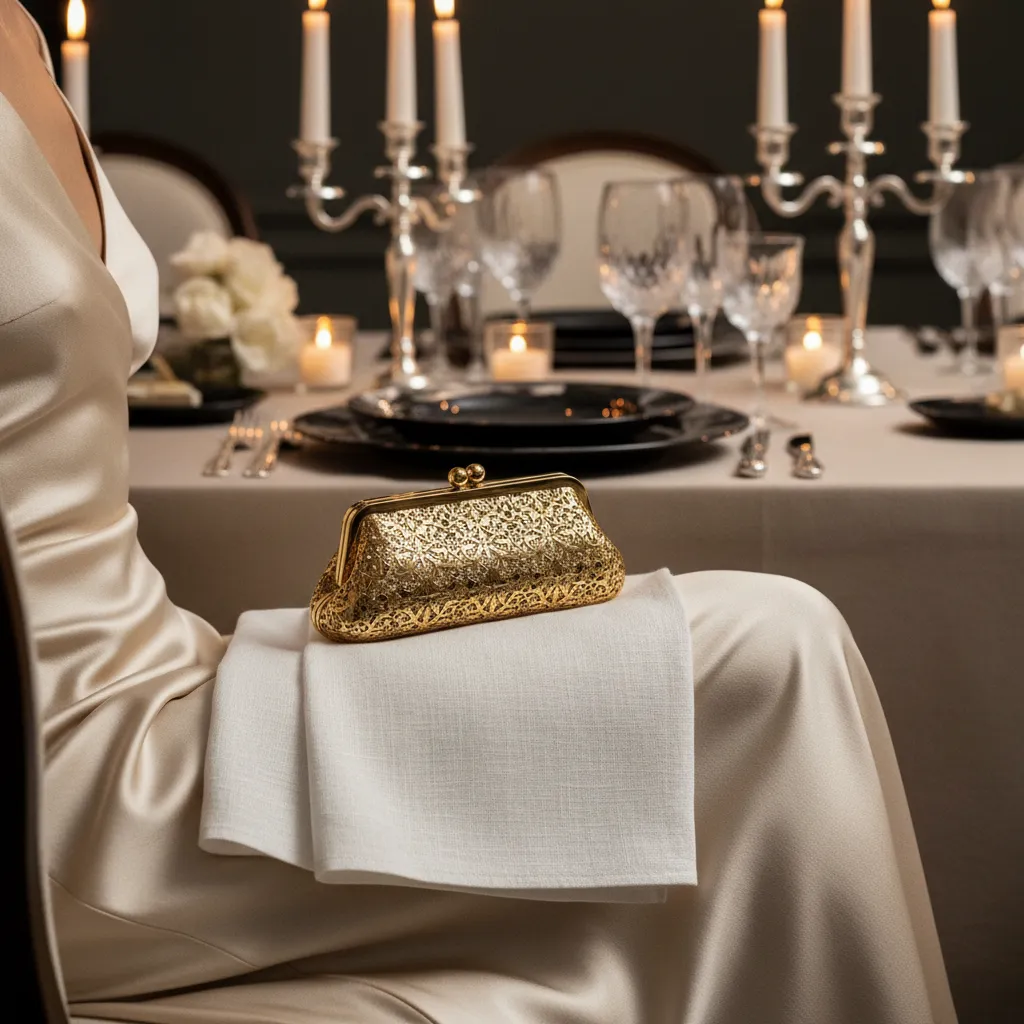 Sur les genoux, sous la serviette : la position canonique de la minaudière à table, héritée du protocole du Ritz des années 1930