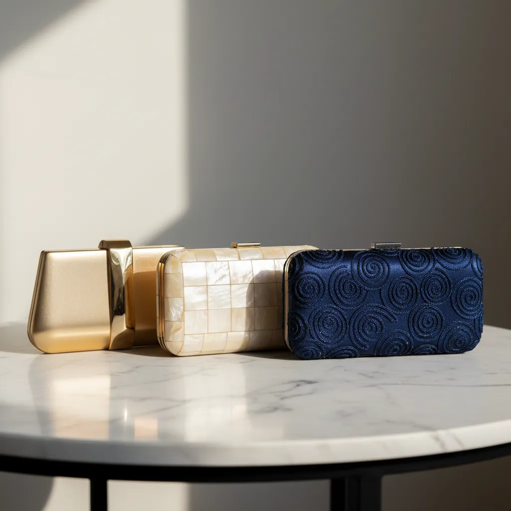 Métal doré pour le gala, nacre pour le mariage, satin brodé pour le cocktail : trois registres, trois matières, un seul format