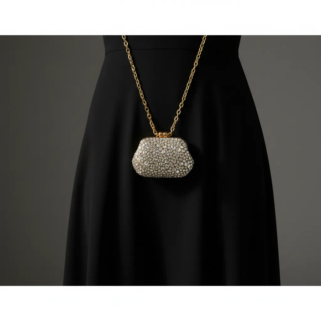 Tendance 2026 : la minaudière en cristaux portée en pendentif sur chaîne courte de 40 cm, point focal au centre de la silhouette