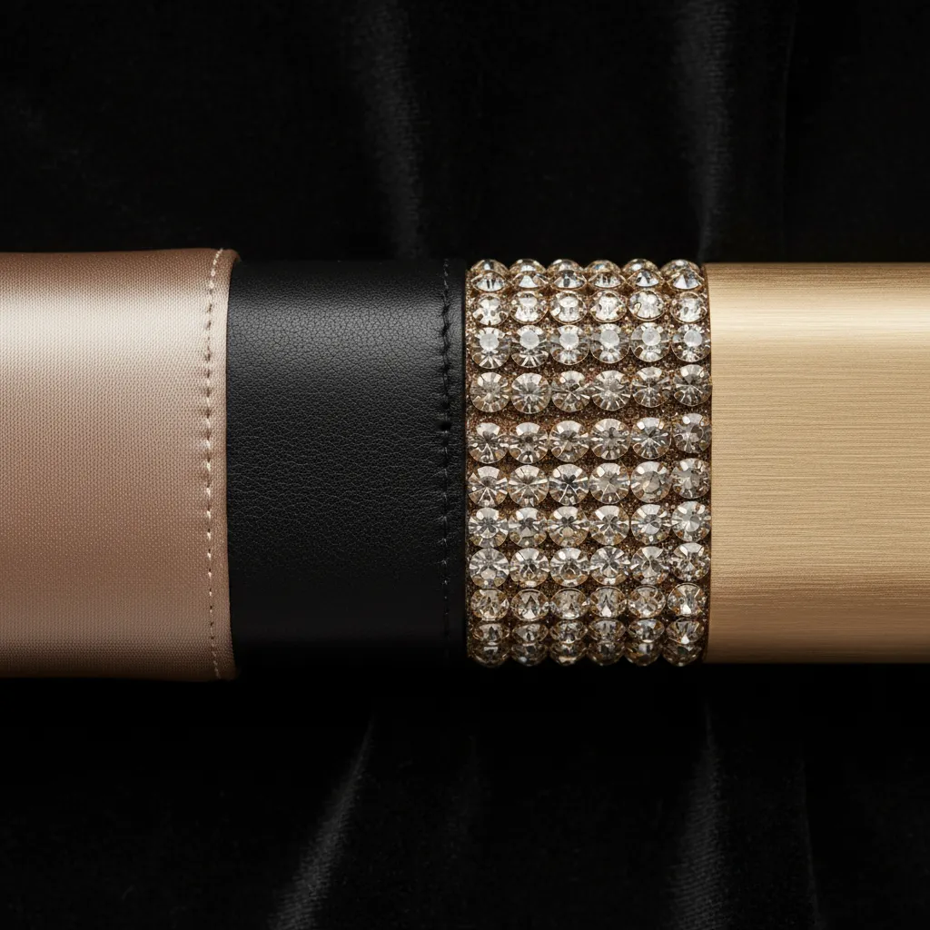 Quatre matières, quatre protocoles : le satin duchesse, le cuir de veau, les cristaux Swarovski et le métal doré exigent chacun des gestes spécifiques