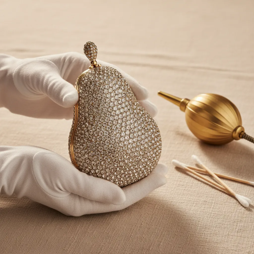 Le nettoyage des cristaux se fait un par un au coton-tige : un travail de patience qui préserve le coating Aurora Borealis