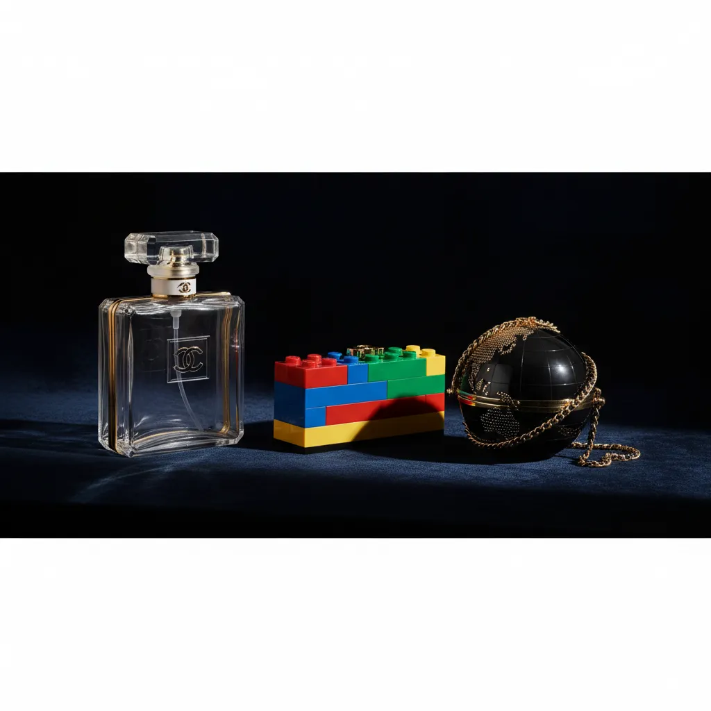 Trois icônes Chanel réunies : la N°5 Bottle, la Lego Clutch et la Globe, pièces dont la cote dépasse aujourd'hui 200 % de leur prix d'origine