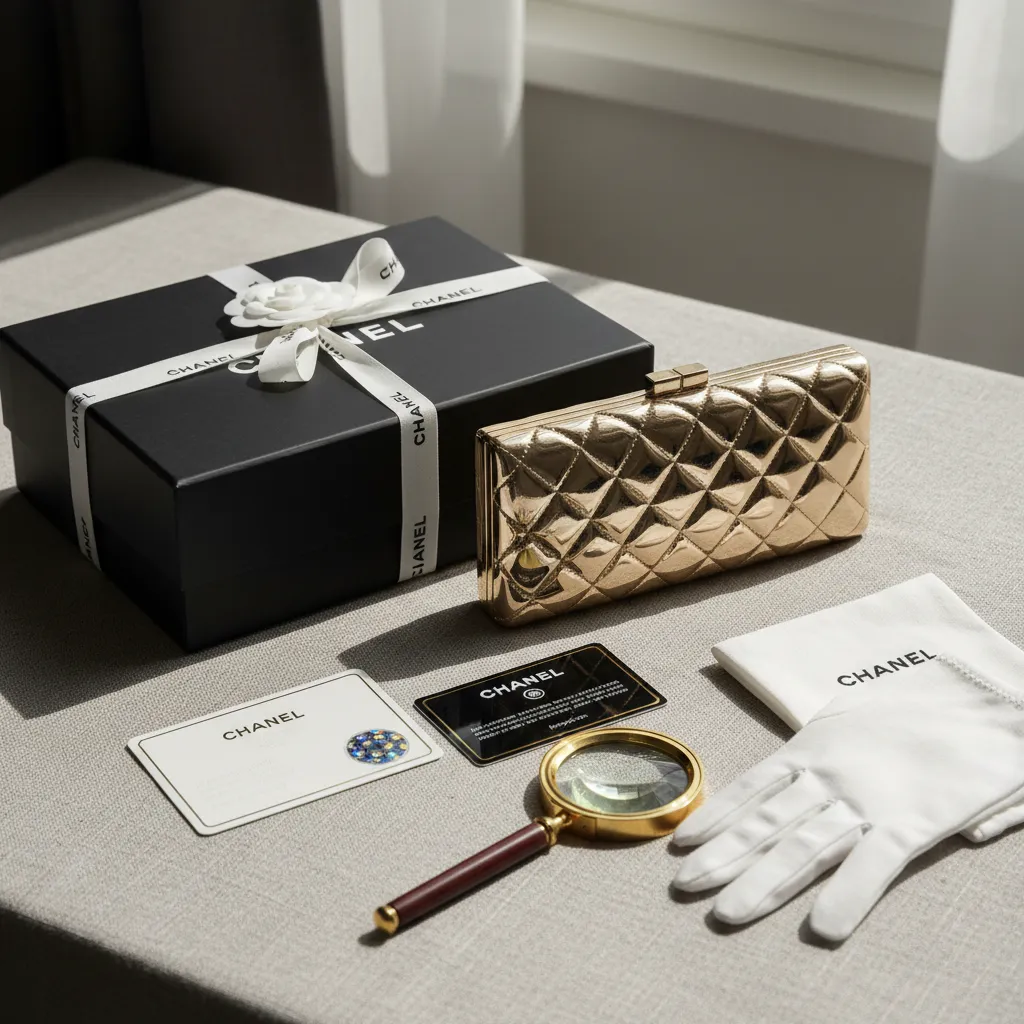 Boîte d'origine, carte d'authenticité, dust bag et ruban camélia : le packaging complet ajoute 25 à 40 % à la valeur de revente d'une minaudière Chanel