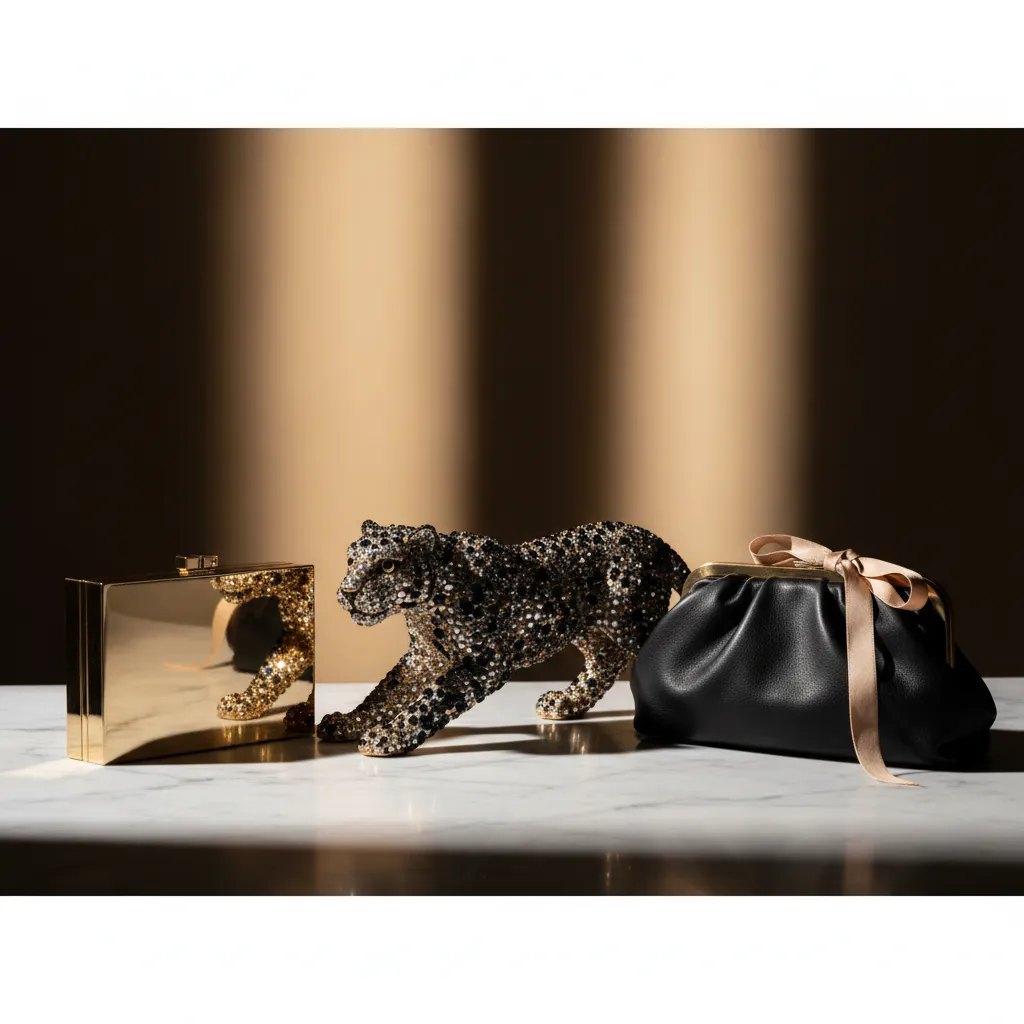 Minaudière rigide en métal, boîtier figuratif en cristaux et clutch souple : trois formats, trois univers distincts