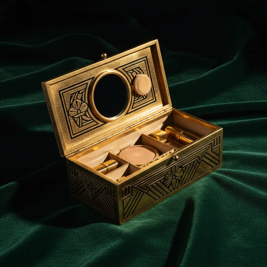 L'intérieur compartimenté d'une minaudière Art déco des années 1930 révèle miroir, poudrier et logements pour rouge à lèvres