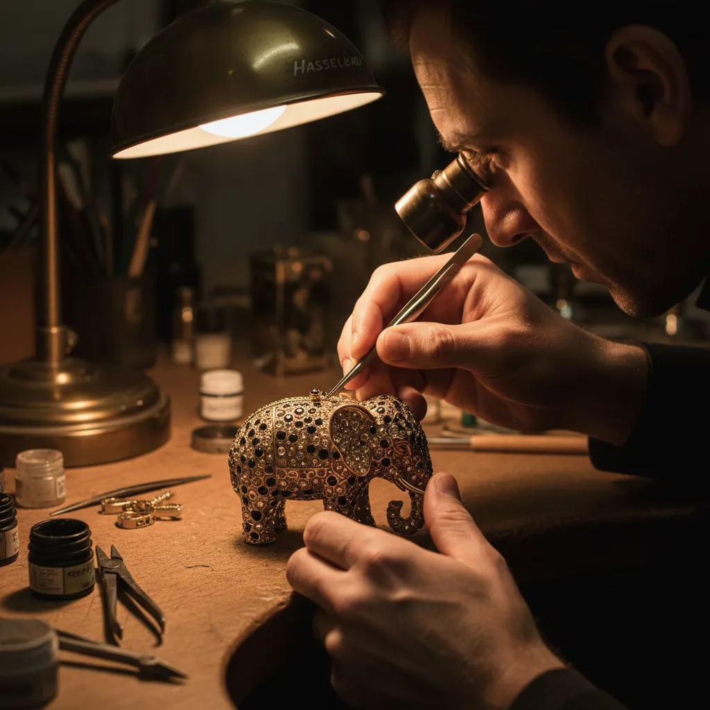 Chaque cristal est posé à la main sur la structure en laiton : entre trois et six jours de travail pour une seule minaudière figurative