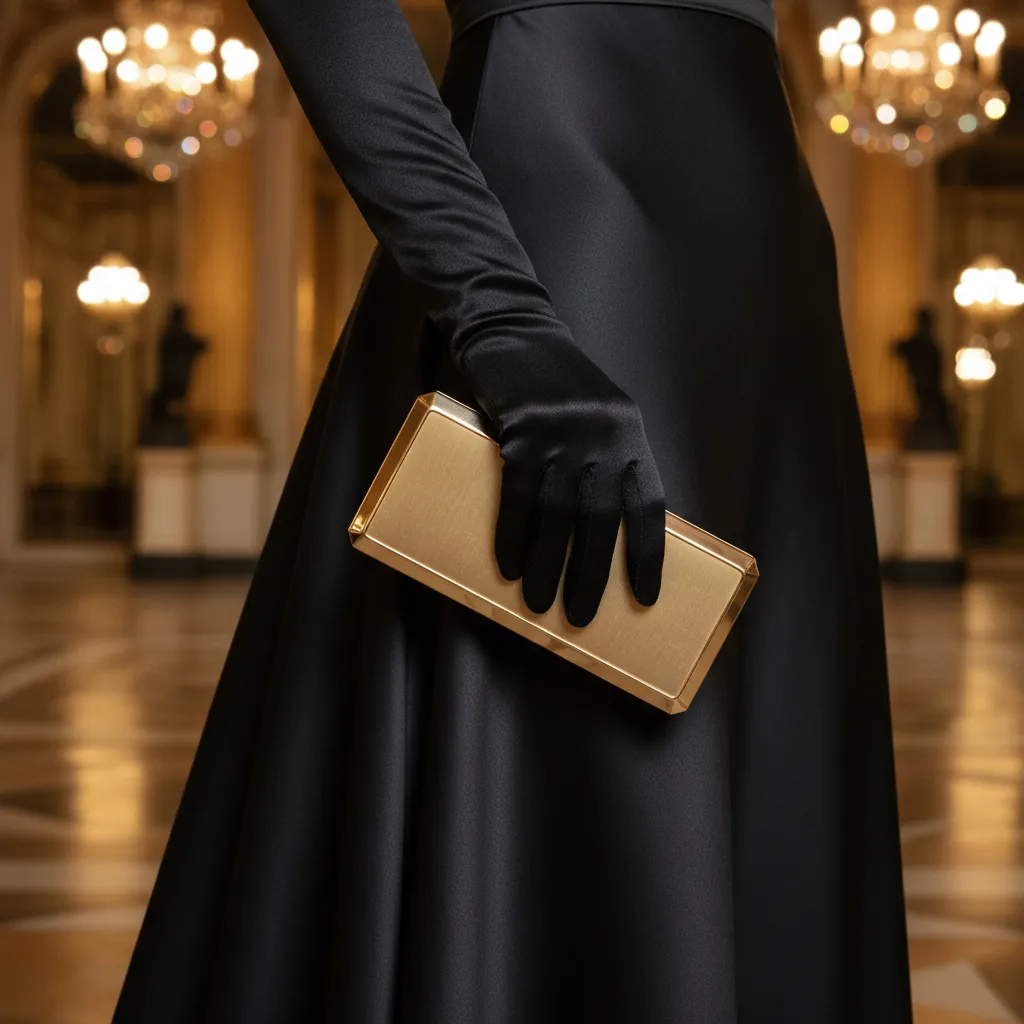 La minaudière box dorée, format 18 × 10 cm : l'archétype du sac du soir, pensé pour ne contenir que l'essentiel