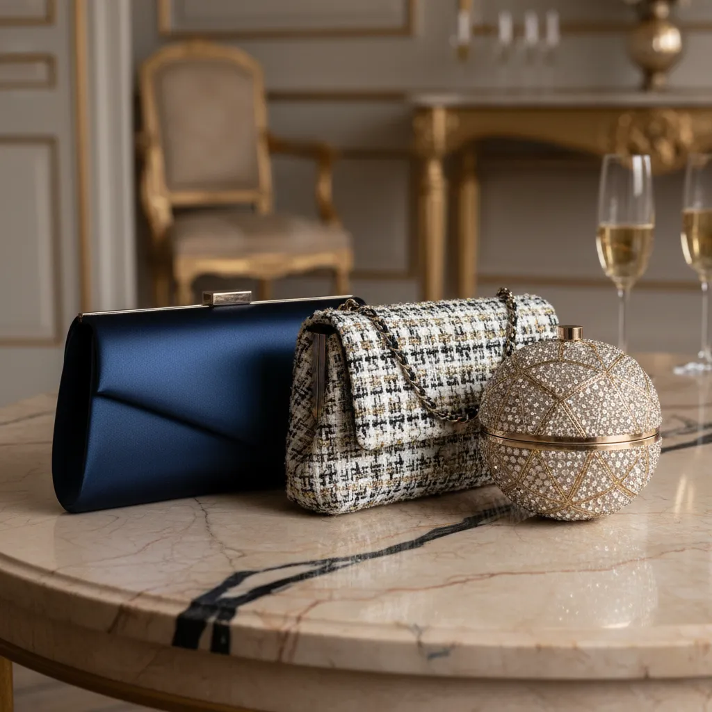 Trois registres pour trois dress-codes : satin bleu nuit pour le black tie, tweed pour le cocktail, cristal pour le gala