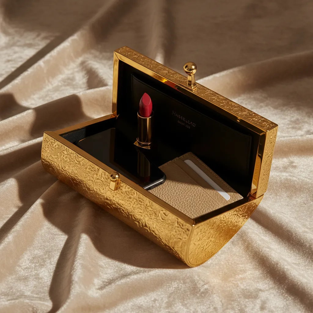 L'intérieur compartimenté d'une minaudière bien pensée : téléphone, rouge à lèvres et porte-cartes ultra-plat, le strict nécessaire