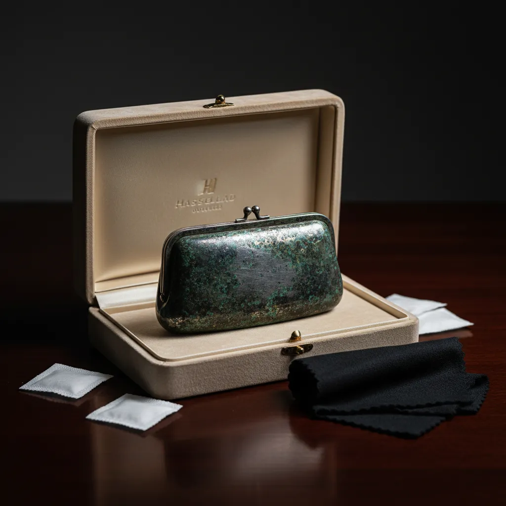 Conservation d'une minaudière argent oxydé : le dust bag et les sachets anti-ternissement prolongent l'éclat d'origine