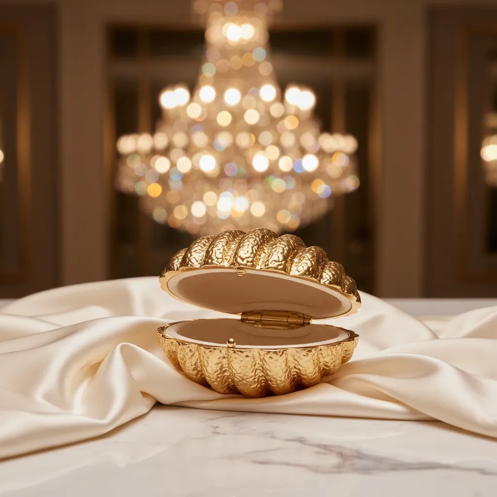 La clam en métal martelé doré, ouverte sur sa doublure en daim crème : une contenance généreuse dans une forme organique