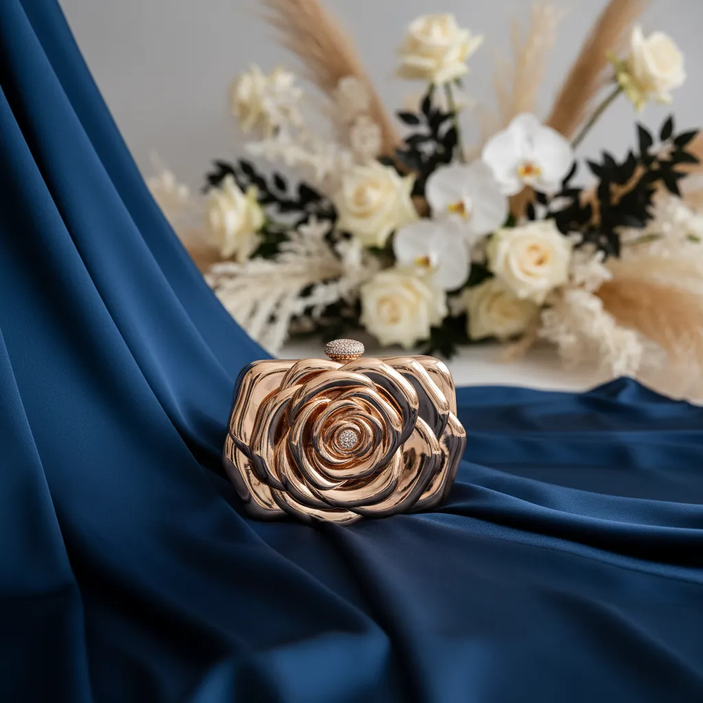 L'or rose sur fond bleu nuit : l'une des associations les plus demandées pour les invitées de mariage en 2026, ici avec un fermoir bijou d'inspiration joaillière