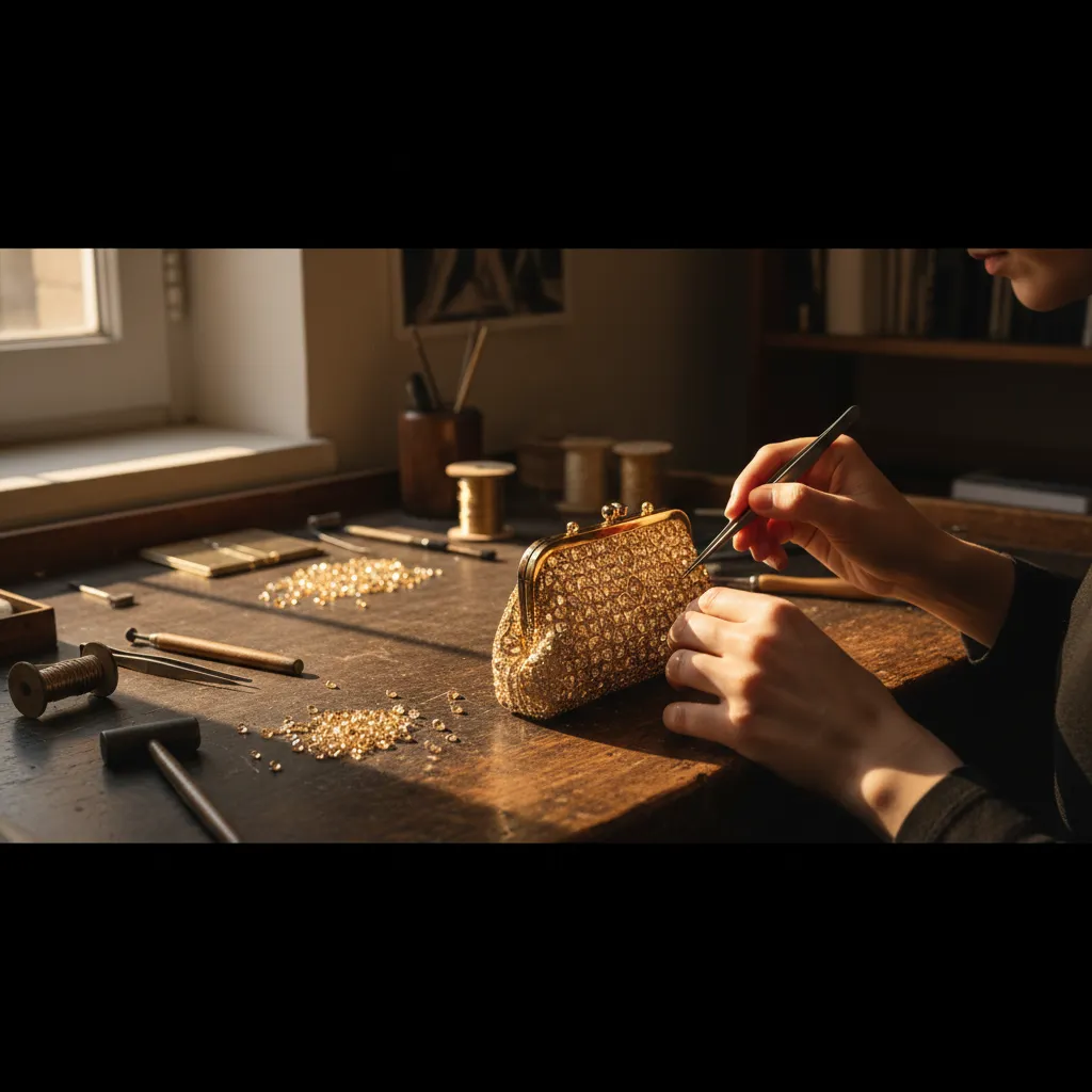 Le sertissage manuel de cristaux sur une minaudière dorée nécessite jusqu'à trois jours de travail pour un seul exemplaire, à raison de 6 000 pierres posées une à une