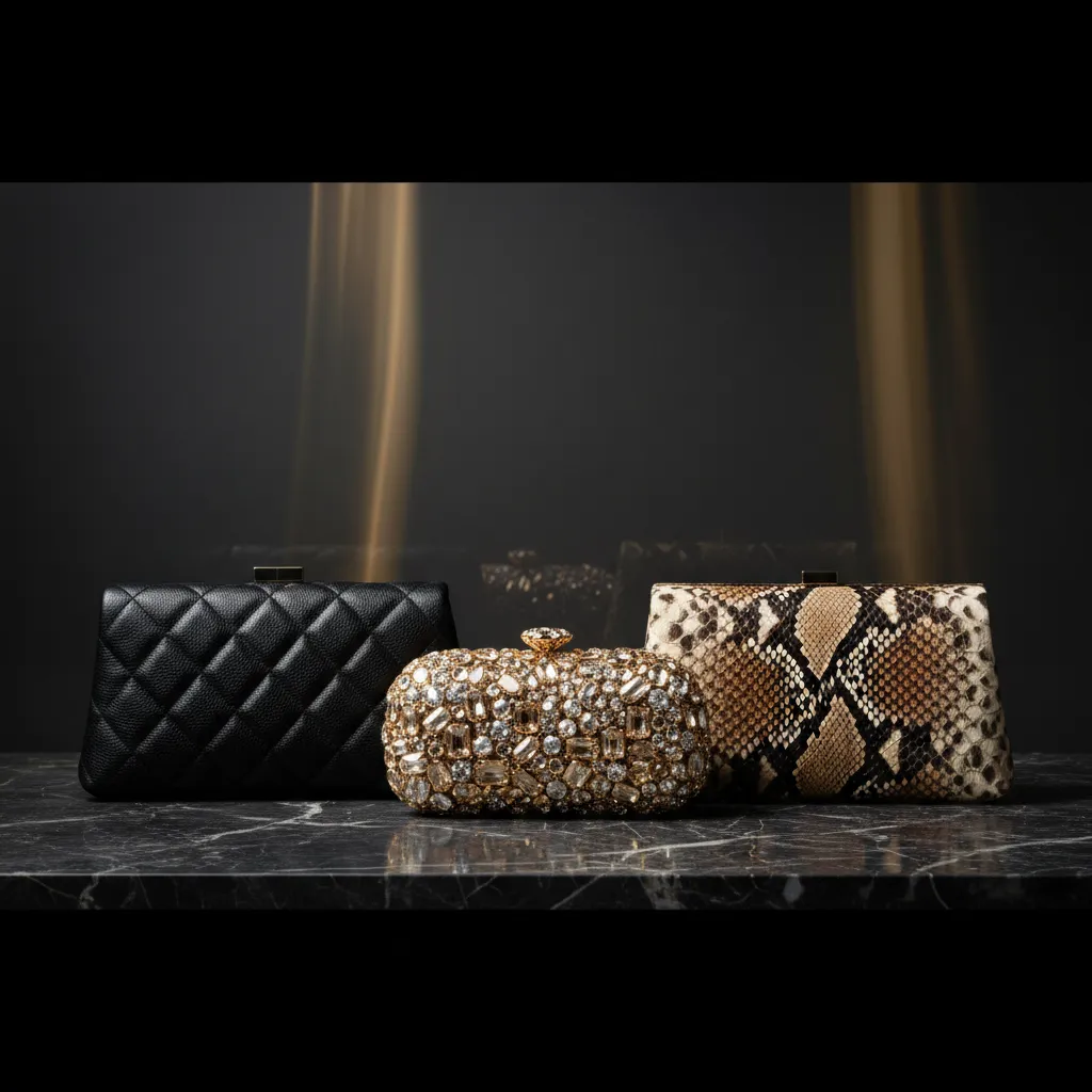 Trois signatures, trois matières : agneau matelassé, métal serti et python, le trio qui structure le marché de la pochette de soirée haut de gamme