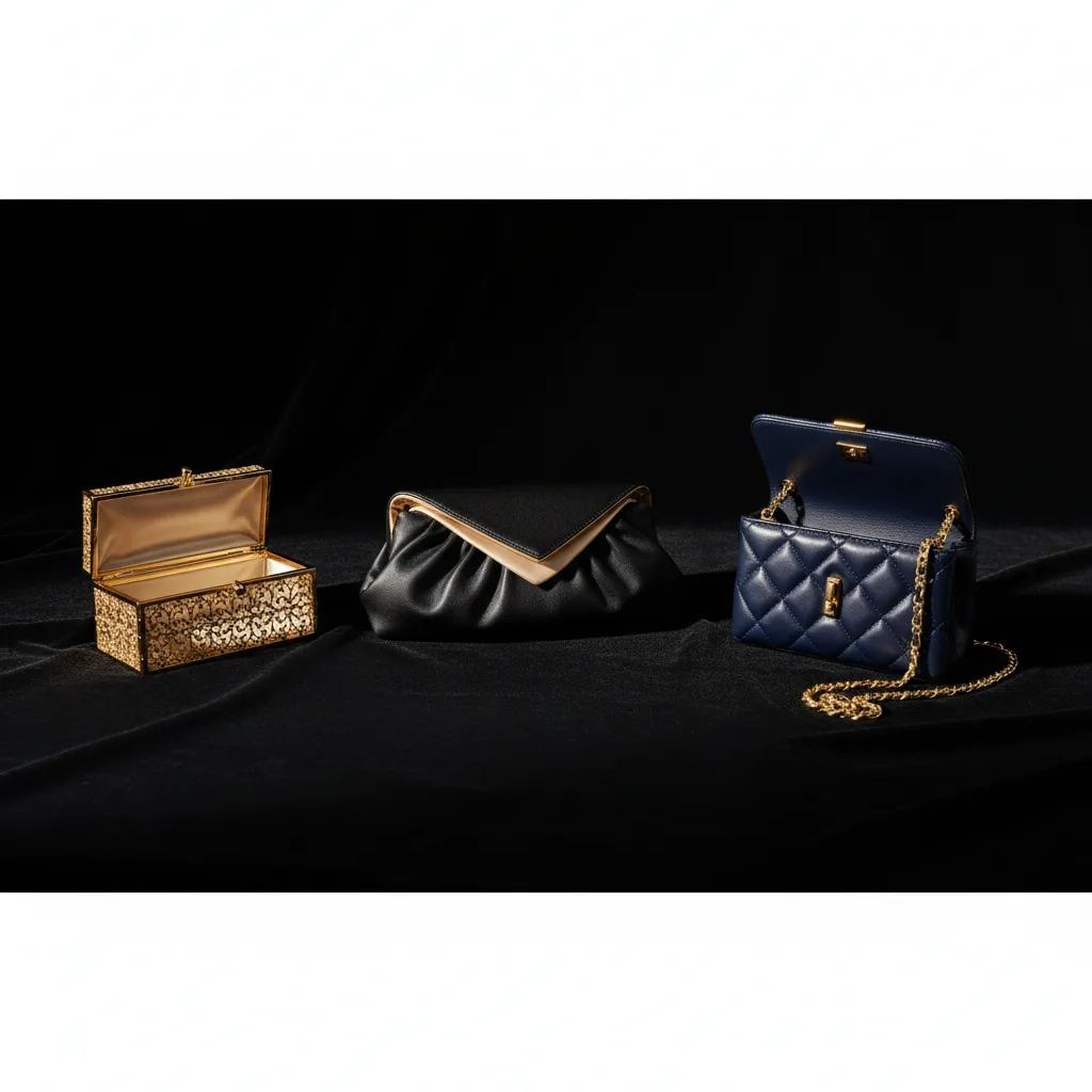 Les trois formats de gala côte à côte : minaudière rigide, pochette enveloppe et micro-sac chaîne, chacun adapté à un niveau de formalité