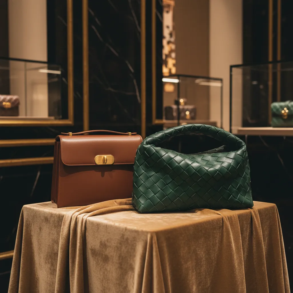 Box calf chocolat et intrecciato vert sapin : deux cuirs nobles qui définissent le segment 3 000 à 5 000 euros