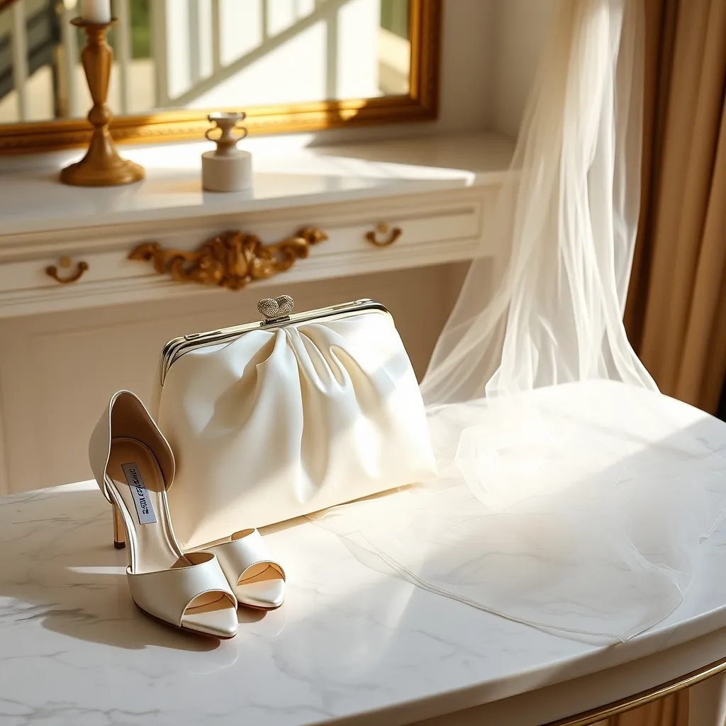 Pochette satin, escarpins soie et voile tulle : le trio d'accessoires qui complète la silhouette nuptiale