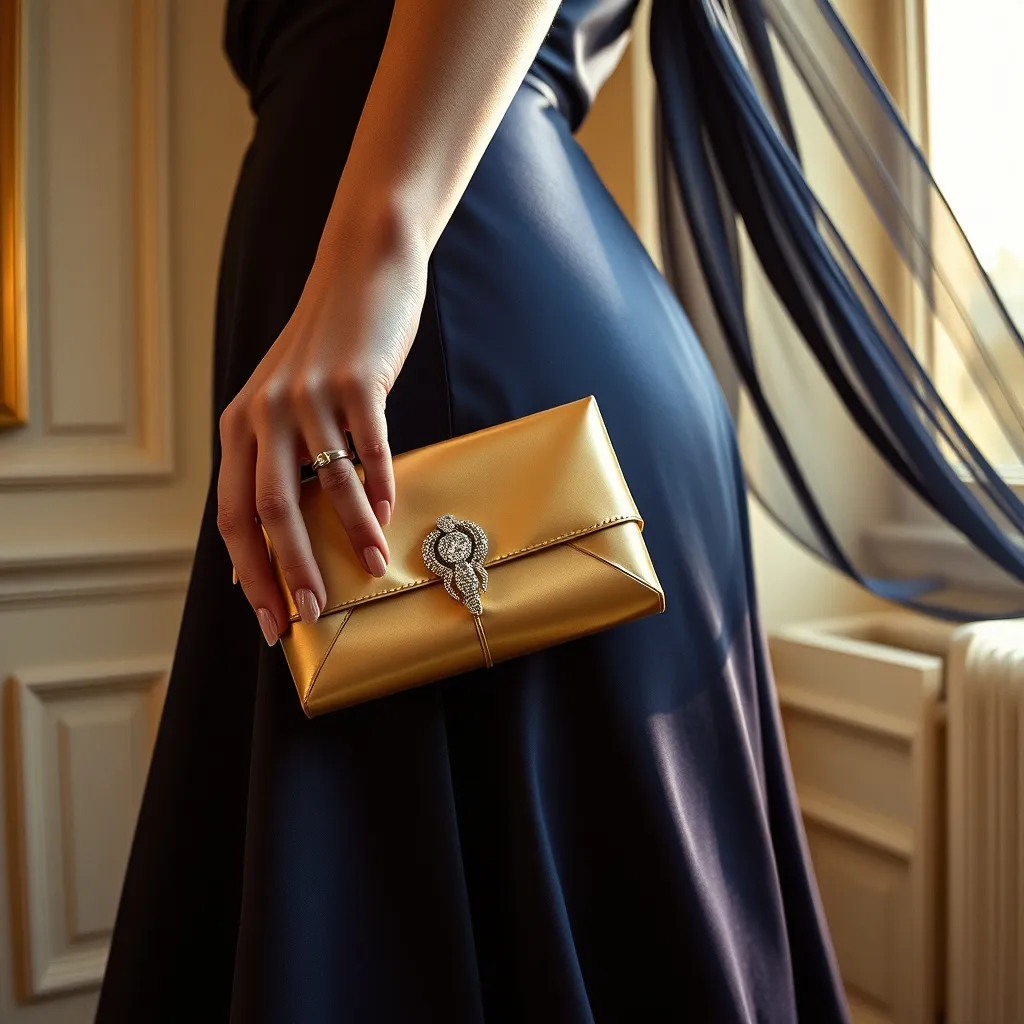 Tenue au creux de la hanche, la box rigide en satin champagne ancre un point lumineux qui structure la silhouette en robe fluide