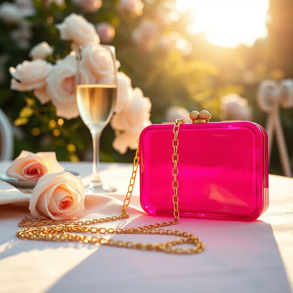 En garden party, la résine colorée et la chaînette dorée ancrent la minaudière dans un registre décontracté