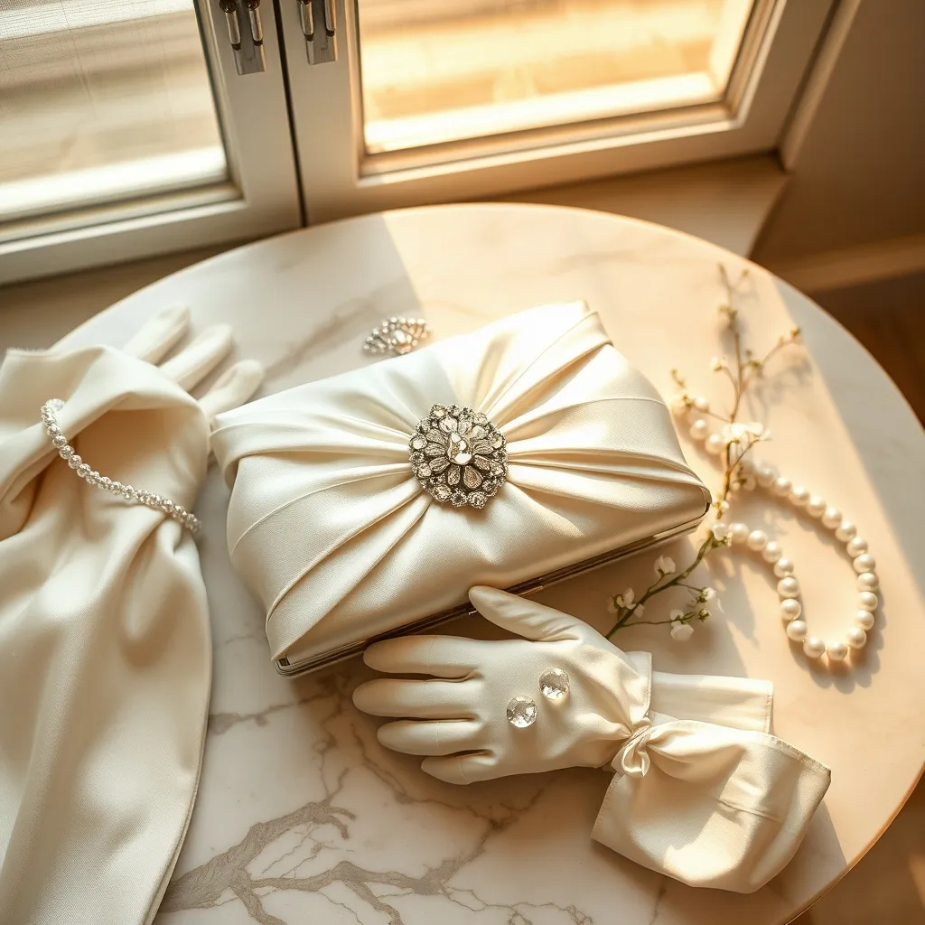 Pour la mariée, le satin duchesse blanc et le fermoir cristal composent la minaudière de cérémonie par excellence