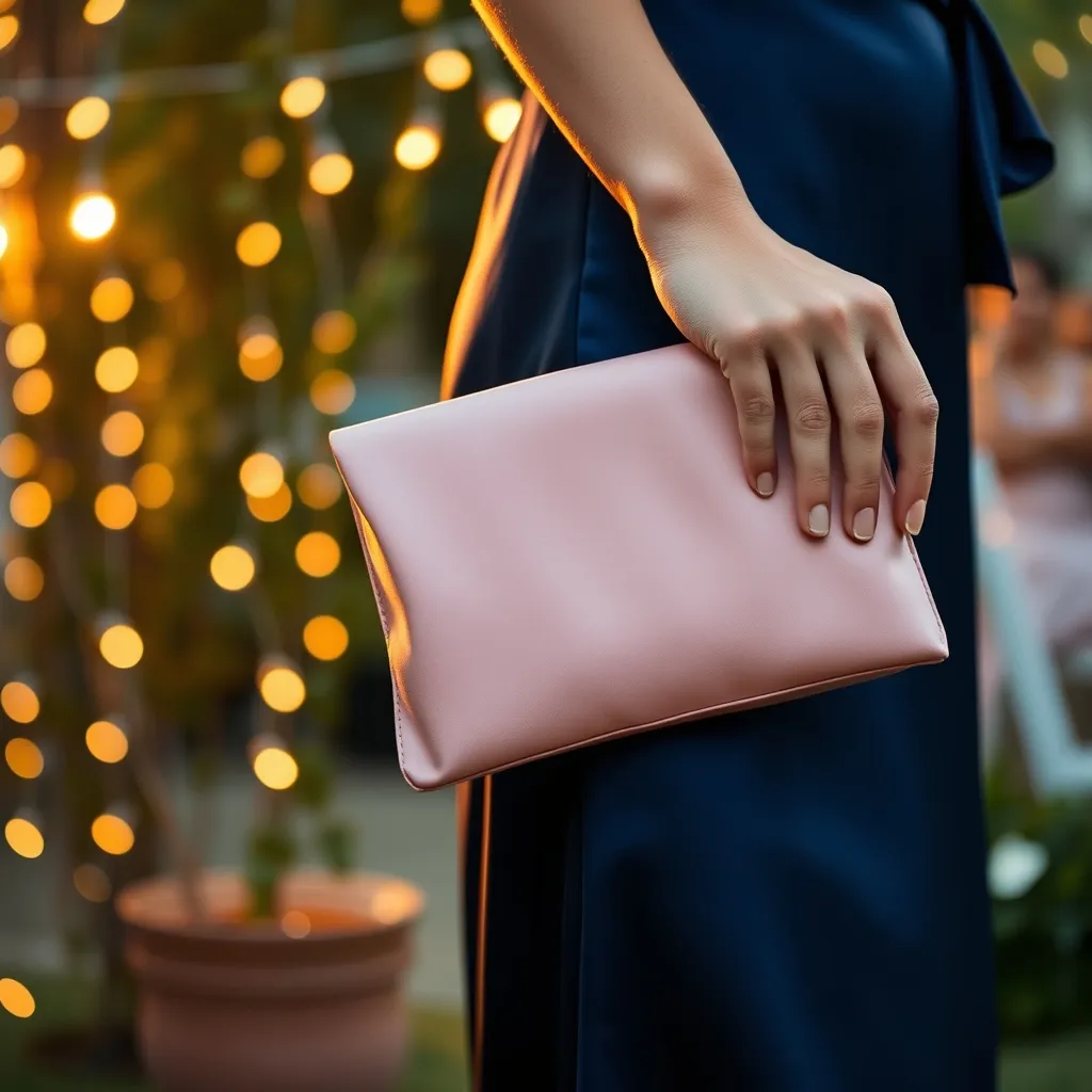 L'accord rose poudré et bleu nuit en situation : la pochette satin capte la lumière dorée de fin de journée sans écraser la tenue