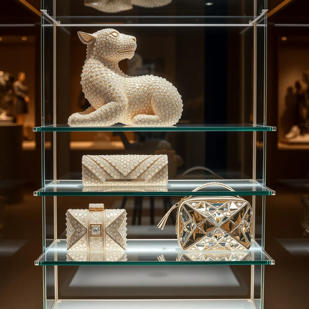 Trois segments de prix : la sculpture cristal collector (à partir de 4 500 €), le clutch pavé classique (800 à 3 000 €) et la pochette strass accessible (30 à 150 €)