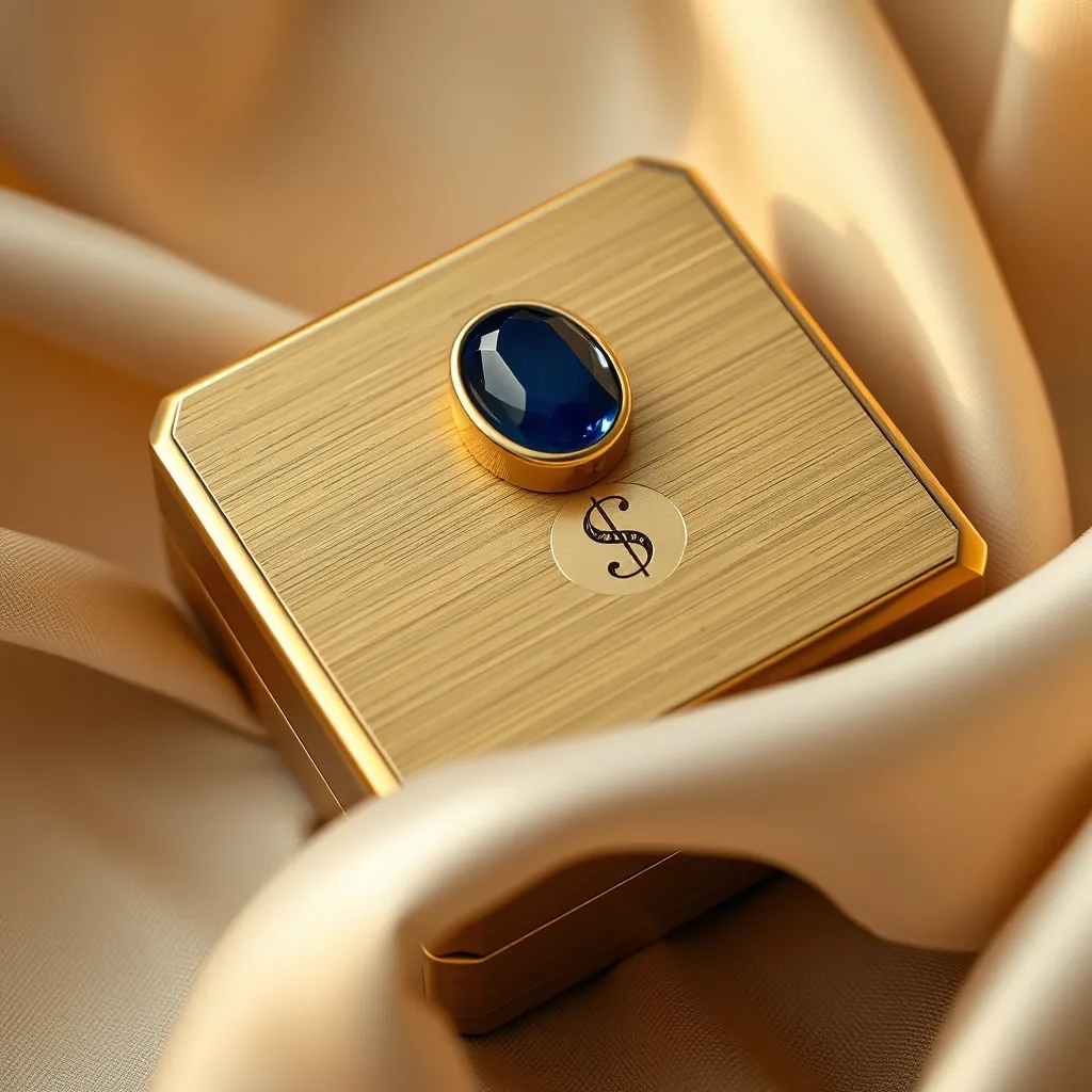 Détail d'un fermoir à cabochon de saphir et poinçons d'orfèvre sur un vanity case Art déco des années 1930