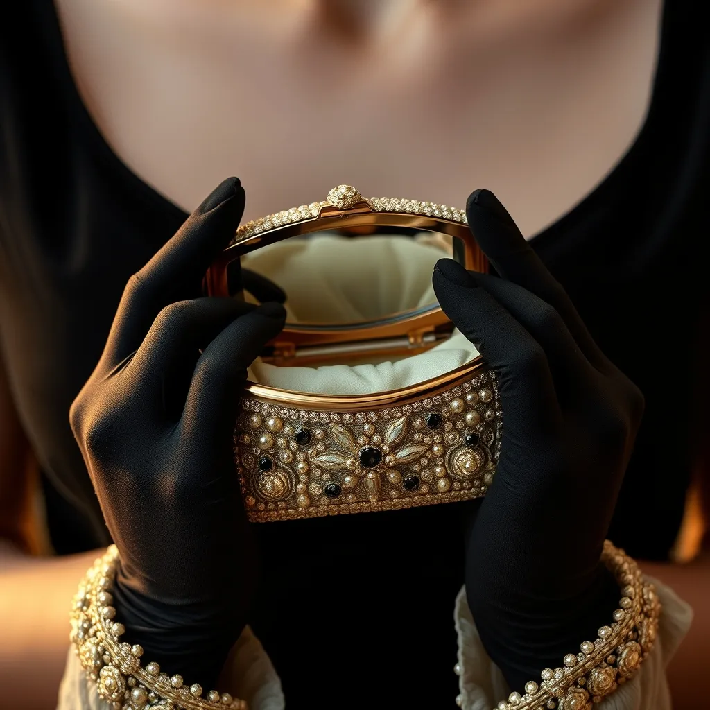 Ouverture d'une minaudière brodée par la maison Lesage dans les années 1960, intérieur gainé de soie avec miroir d'origine