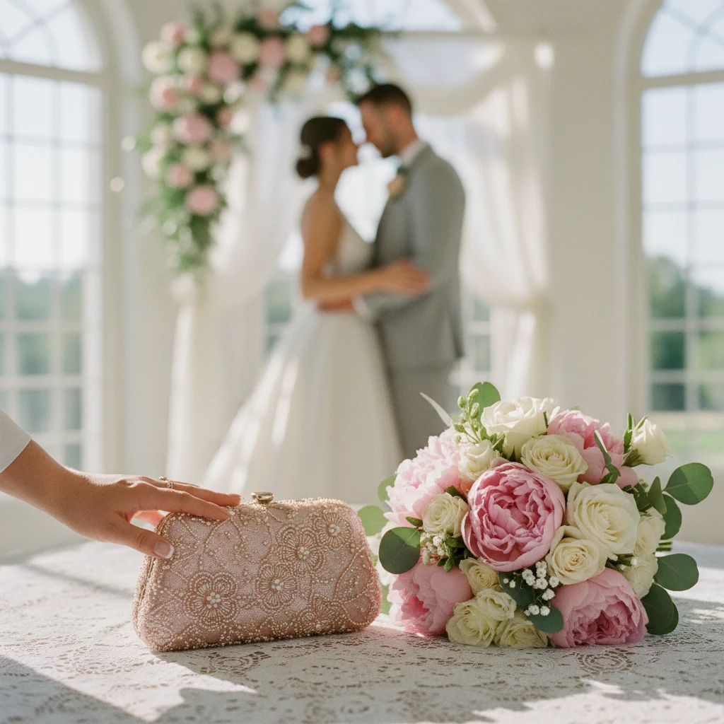 Minaudière rose poudré mariage : douceur printanière