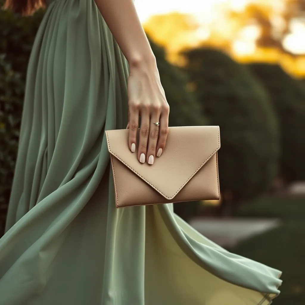 Pochette sable et robe vert sauge : l'accord froid-neutre qui fonctionne en jardin à l'heure dorée