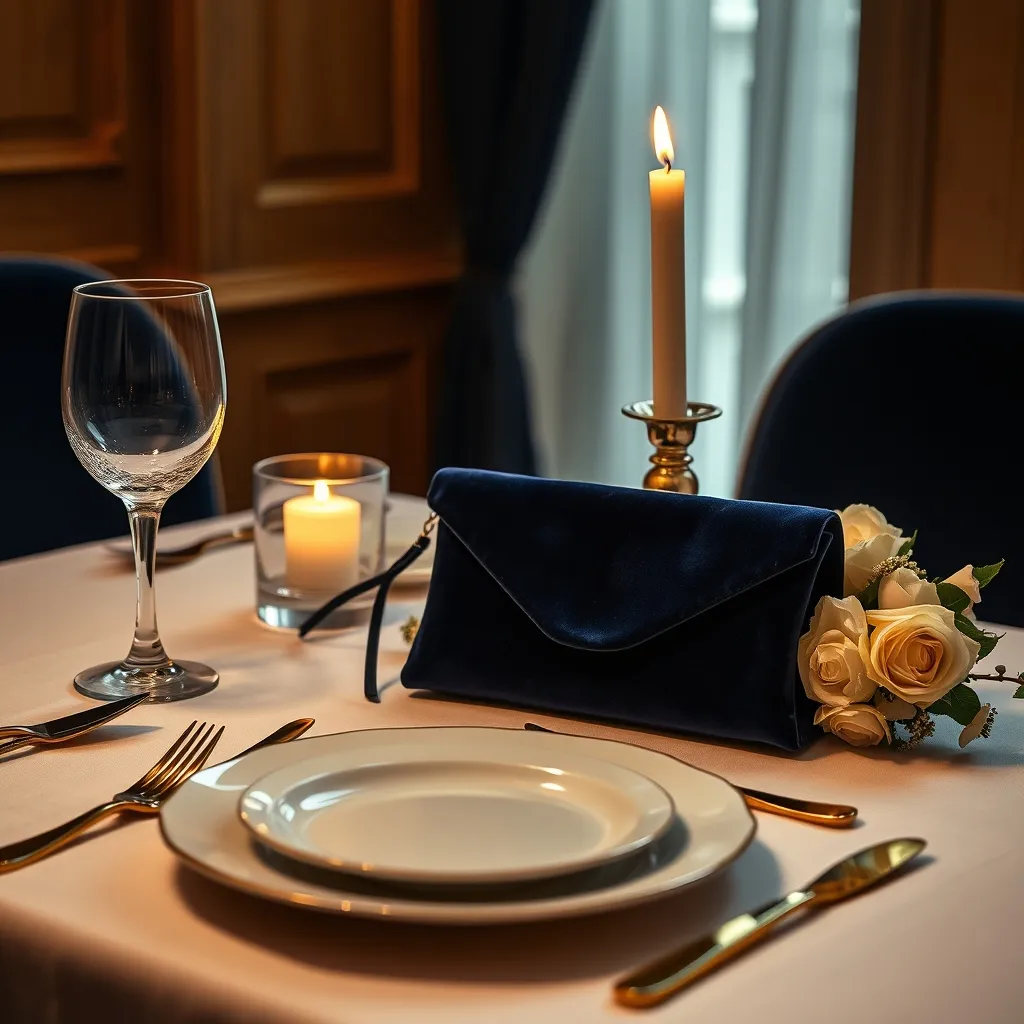 Au dîner, la pochette en velours de soie se pose à gauche de l'assiette : un format box rigide de 18 × 10 cm tient debout sans appui