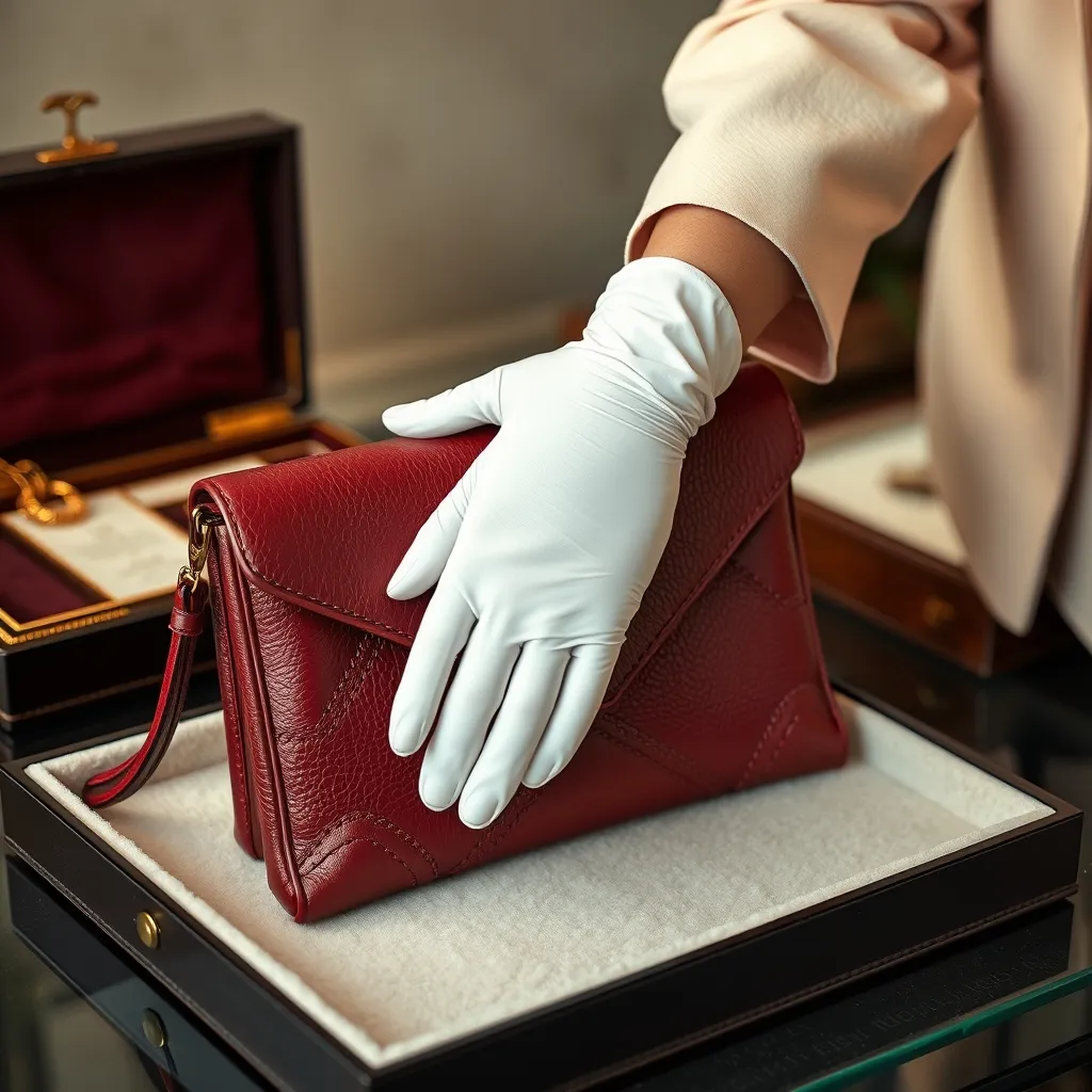 Seconde main certifiée : une pochette Hermès bordeaux en box développe une patine qui enrichit sa valeur avec le temps