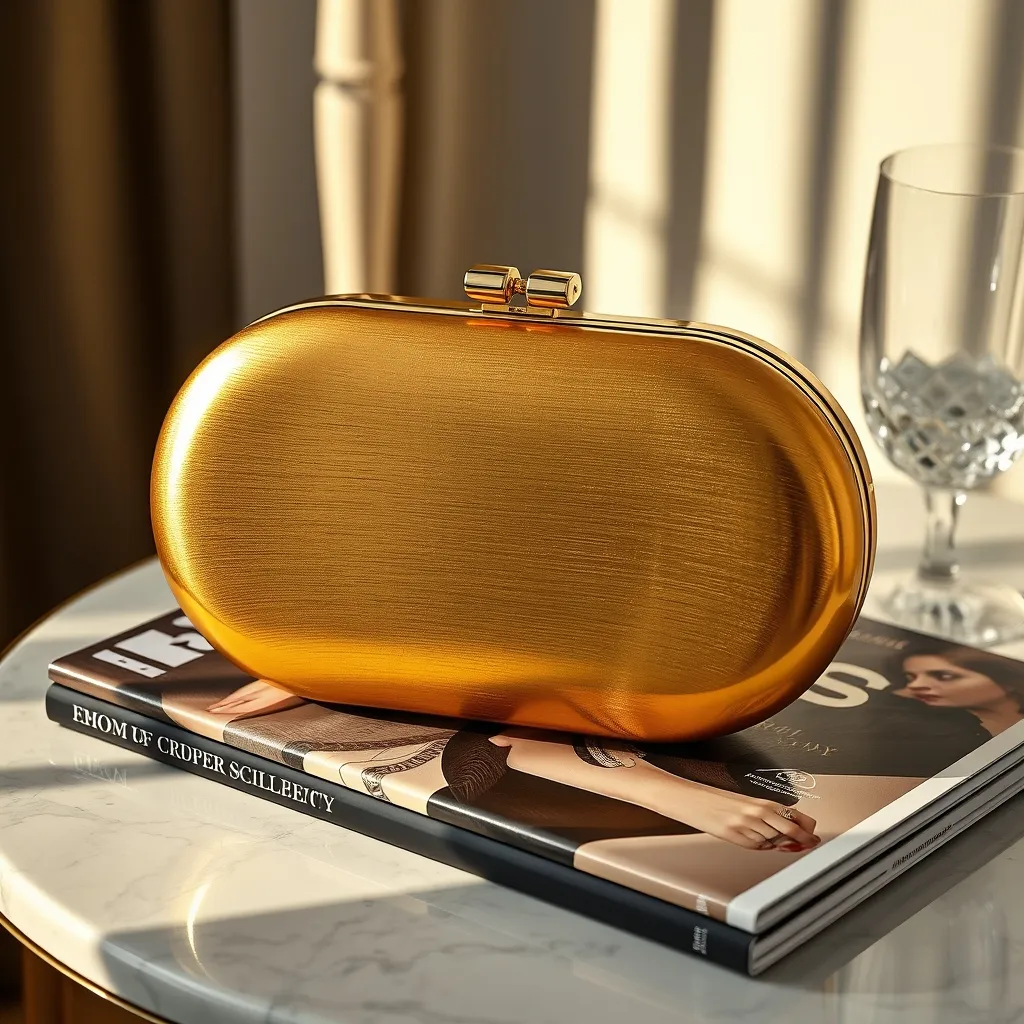 La pochette ovale rigide dorée reprend les codes Art déco des minaudières des années 1930, pour moins de 40 euros