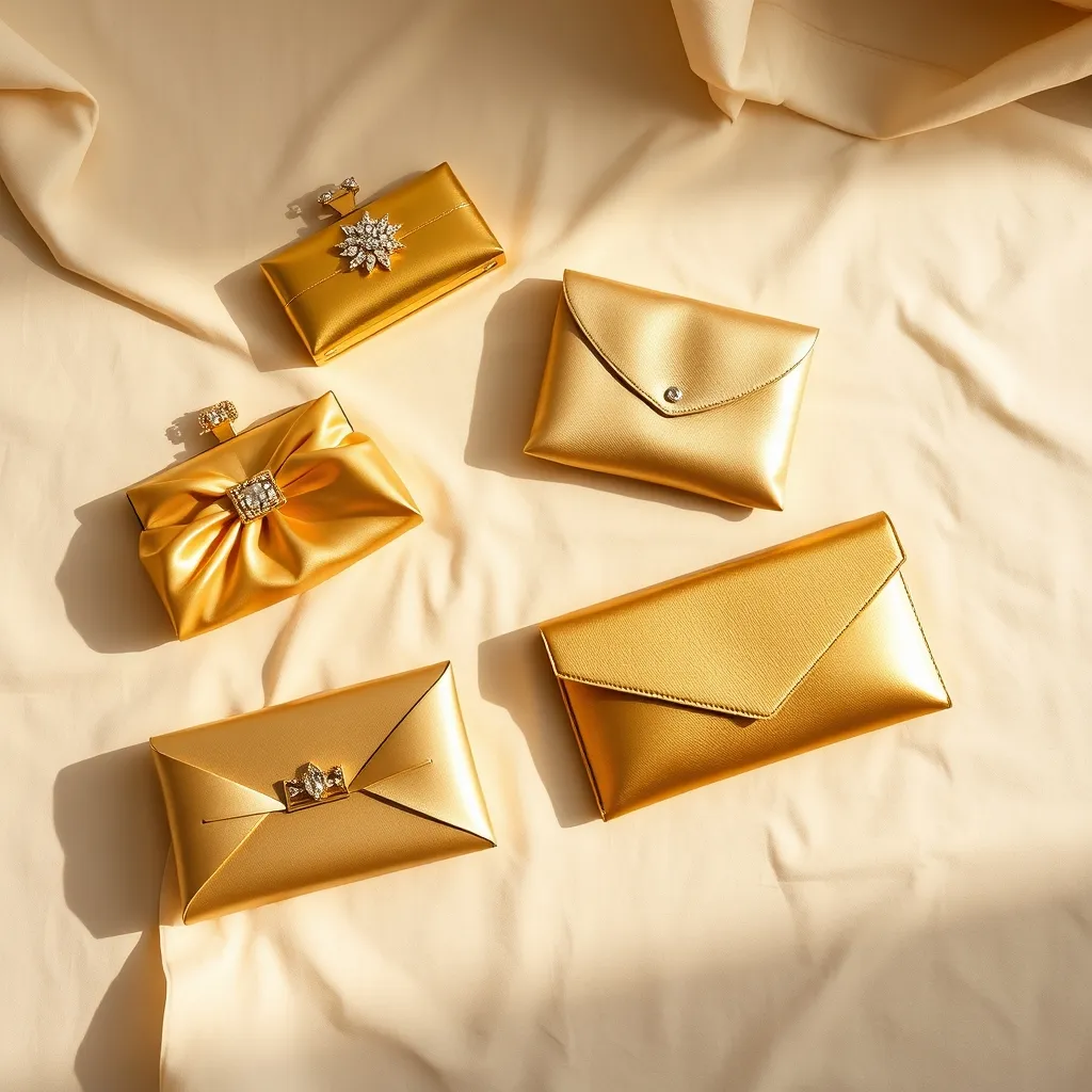 Du satin lamé à la minaudière cristal, cinq pochettes dorées illustrent l'éventail des matières et des budgets, de 35 à 12 000 euros