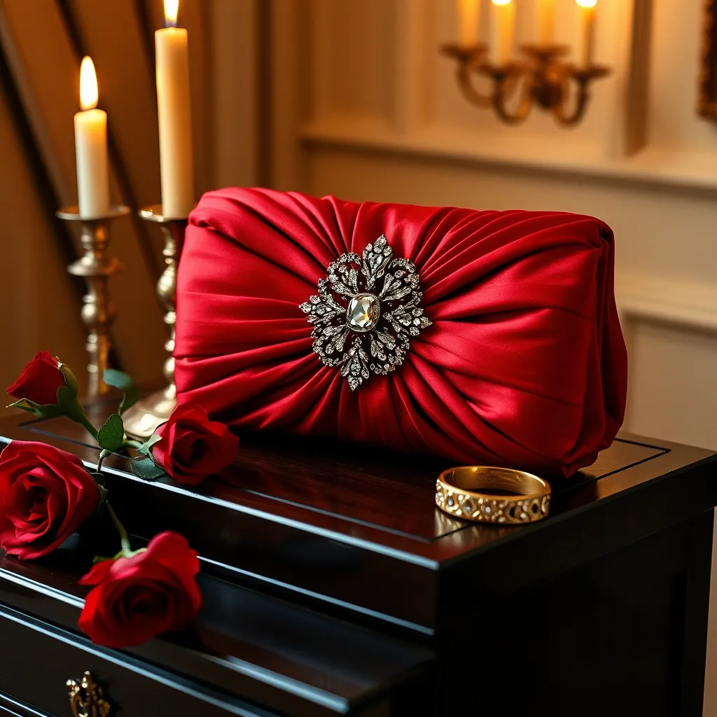 La boucle strass sur satin rouge rubis : signature reconnaissable entre toutes des grandes maisons de cérémonie