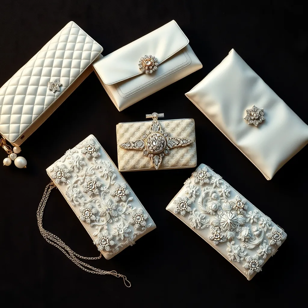 Cinq signatures blanches, cinq savoir-faire : satin matelassé, cuir plongé, cristal serti, broderie perlée et karung nacré côte à côte