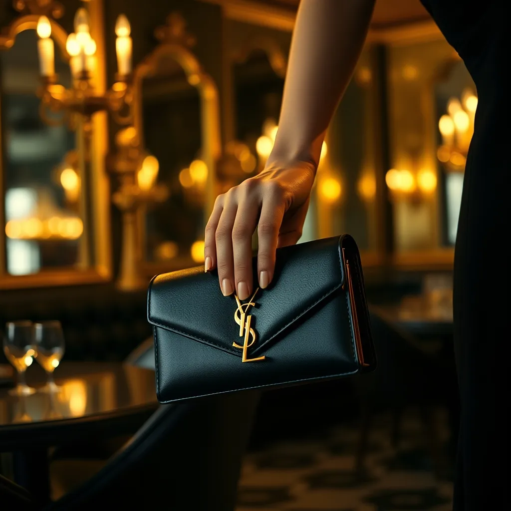 En cocktail, le fermoir signature en laiton doré transforme la pochette noire en pièce identitaire : ici, la silhouette reconnaissable d'un fermoir couture