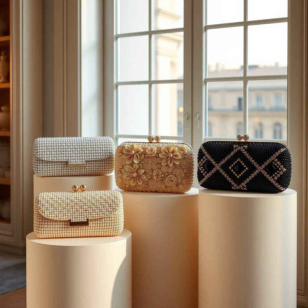 Trois familles de pochettes perlées : pavage cristal intégral, broderie florale en rocaille, motif Art déco en jais et or
