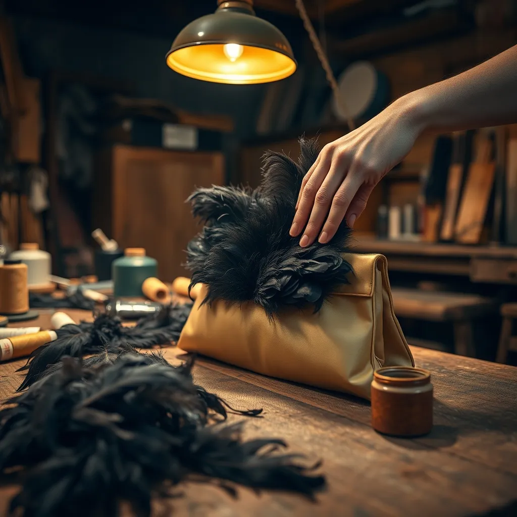 Dans l'atelier du plumassier : chaque plume est posée individuellement, entre 800 et 2 000 par pochette, fixée par collage et point de couture invisible