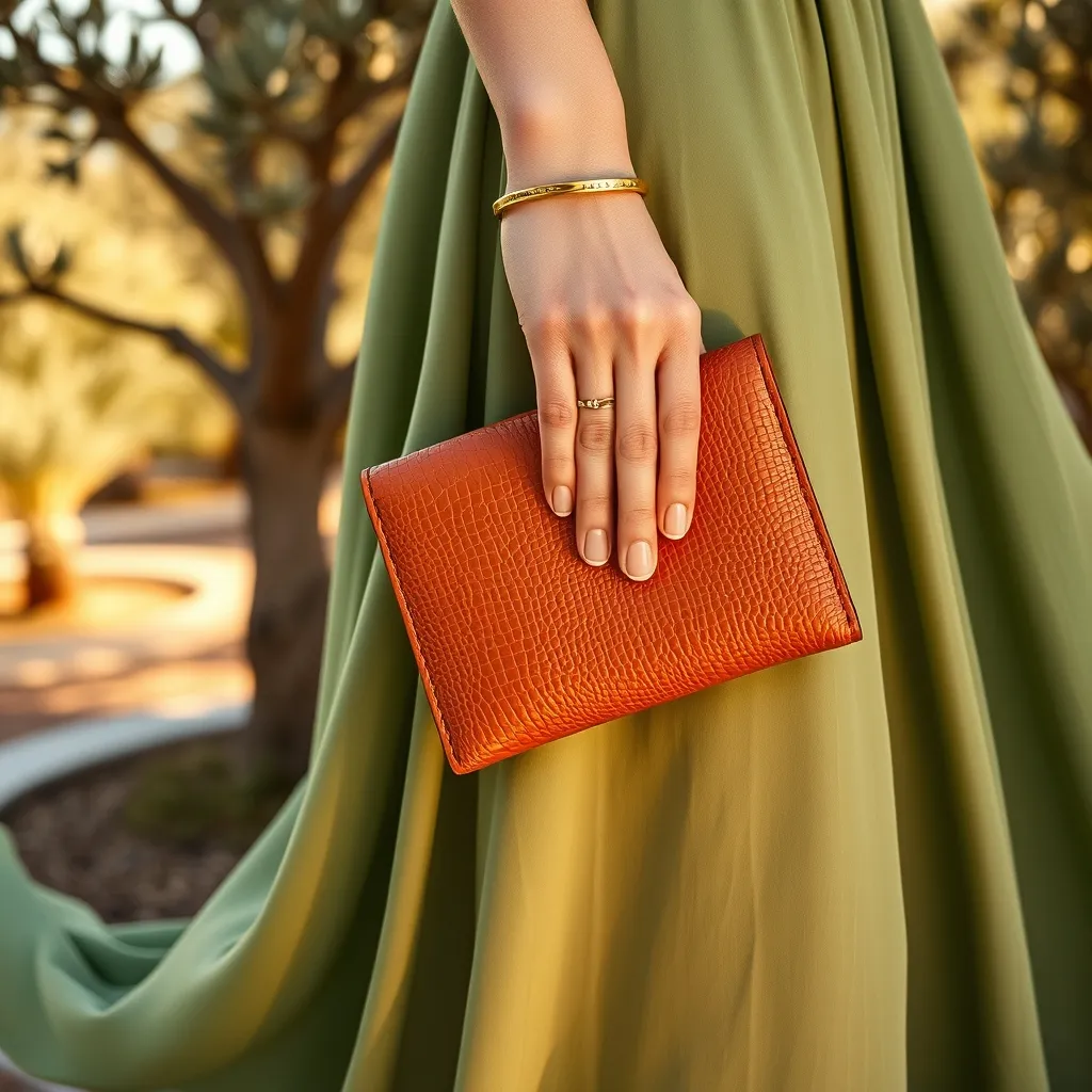 Cuir grainé terracotta sur robe vert sauge : le contraste complémentaire emprunté aux paysages méditerranéens