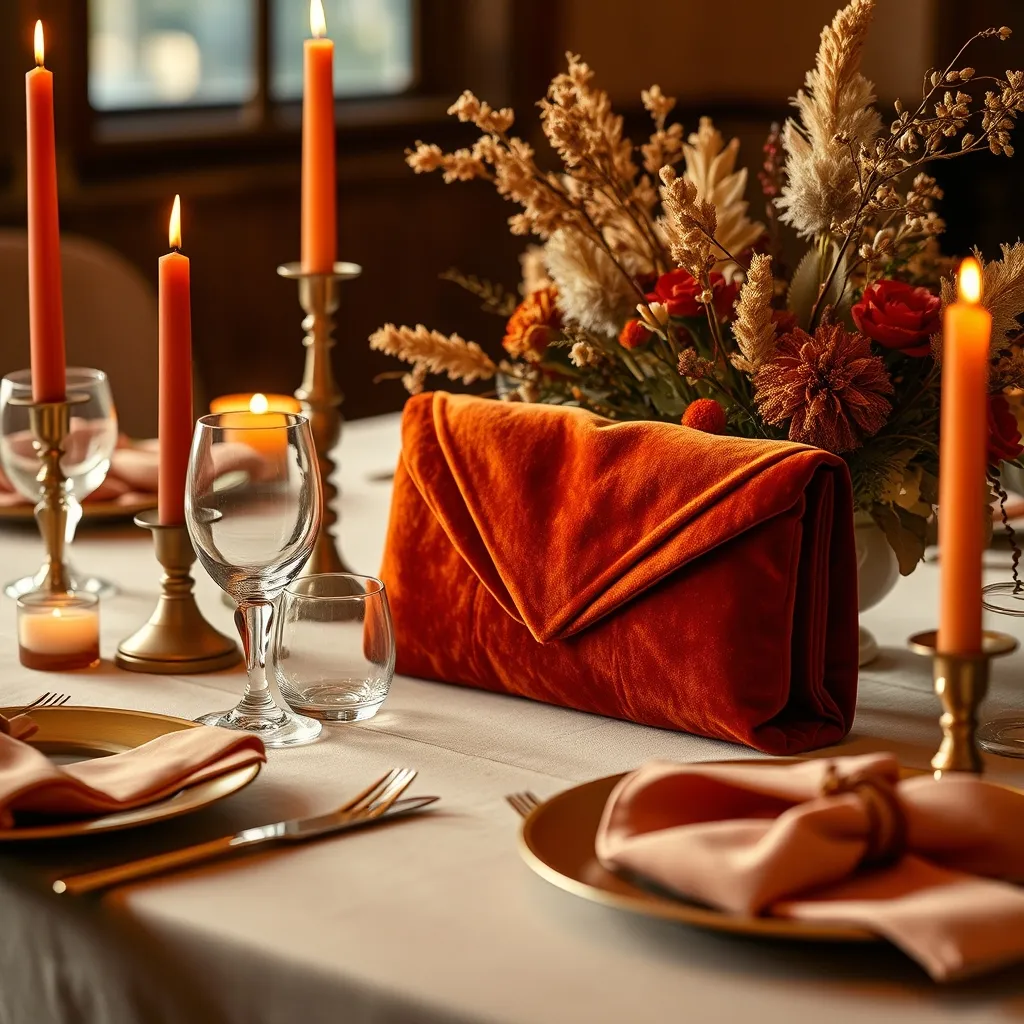 Pochette velours terracotta dans son élément : la table de réception automnale en palette terre et or