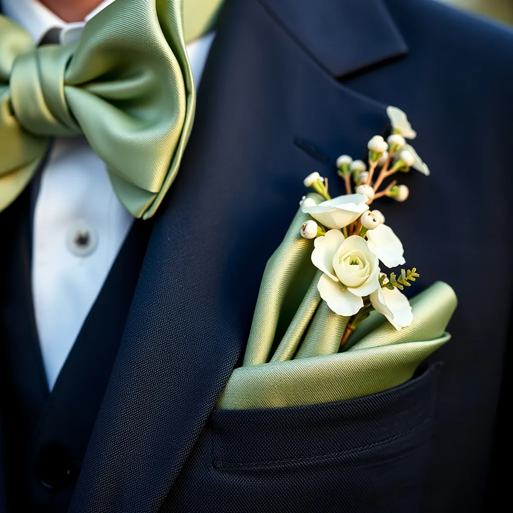 Pochette de costume en soie twill vert sauge et nœud papillon lin assorti : le duo masculin des mariages nature