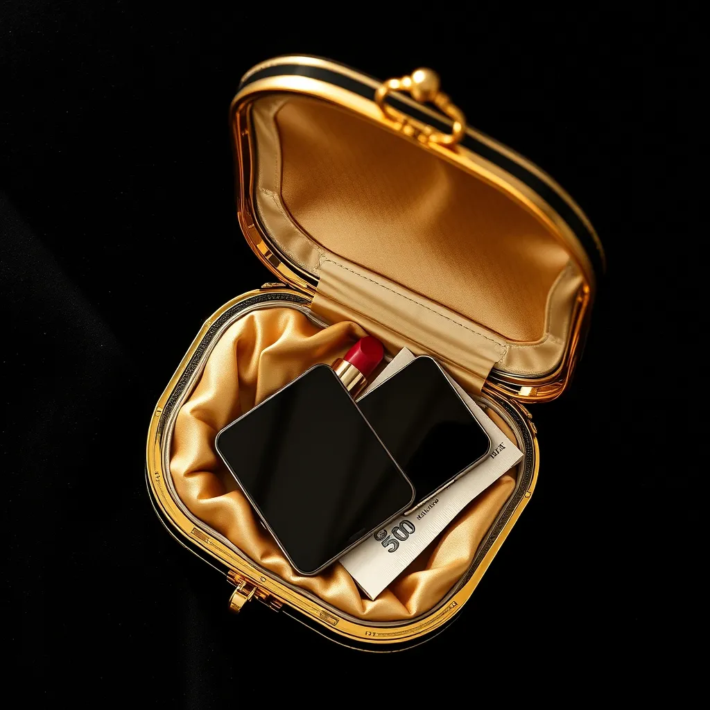 L'intérieur d'une minaudière de gala : téléphone, carte, rouge à lèvres et mouchoir, rien de plus