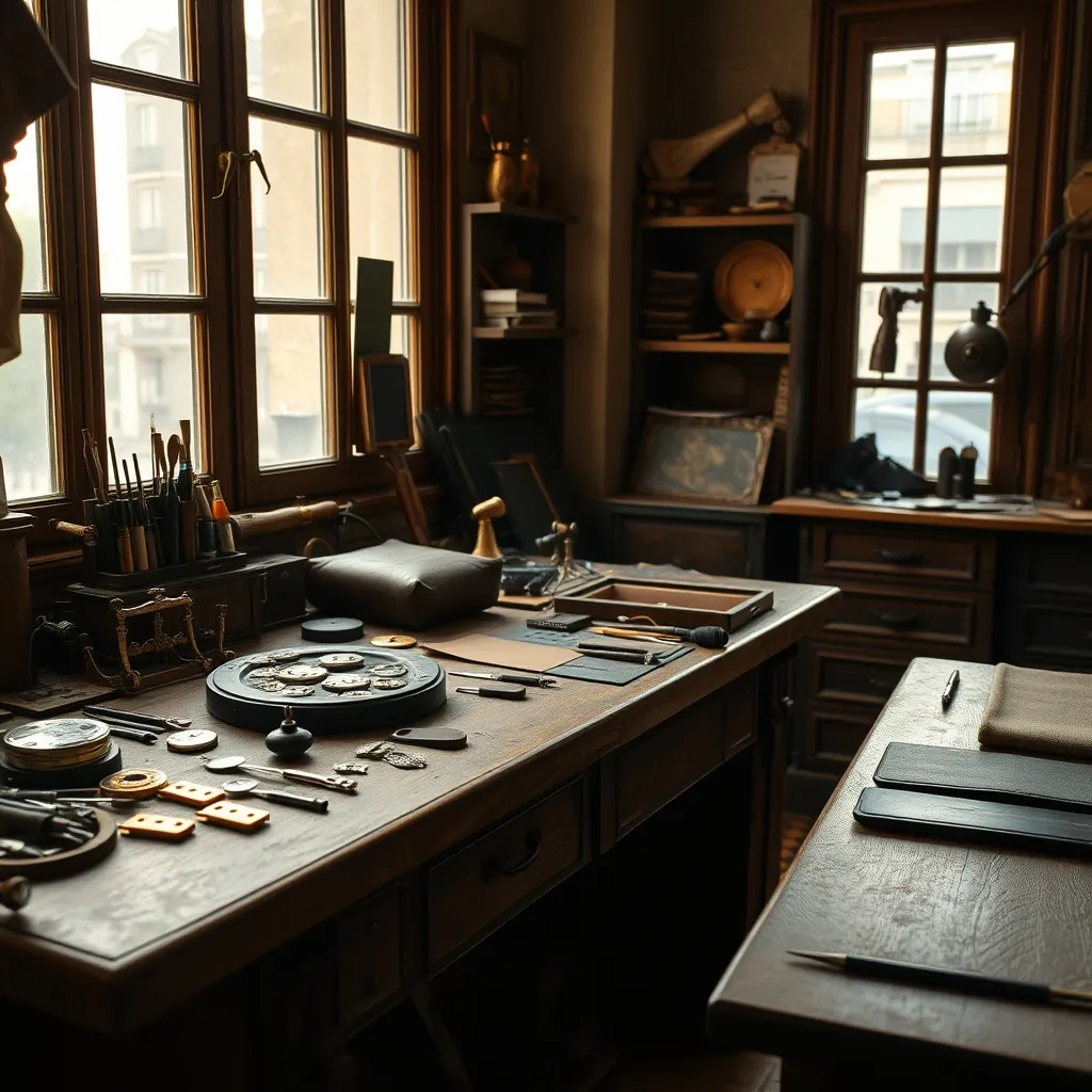 Atelier de gainier parisien : les outils de précision côtoient les cuirs d'exception dans un savoir-faire transmis depuis le XVIIIe siècle