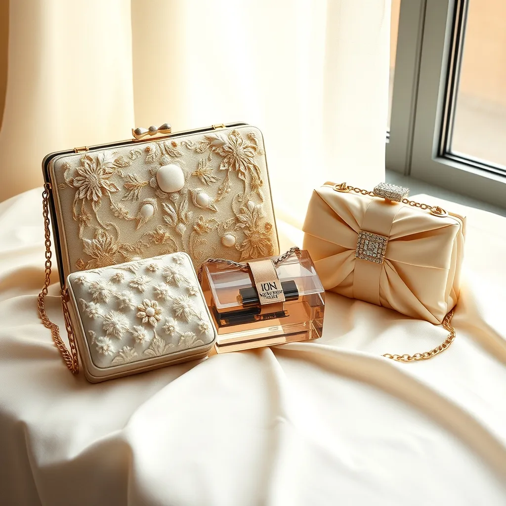 Trois formats hybrides sac-minaudière : book clutch brodé, boîte résine à chaîne et sac structuré en satin à fermoir bijou