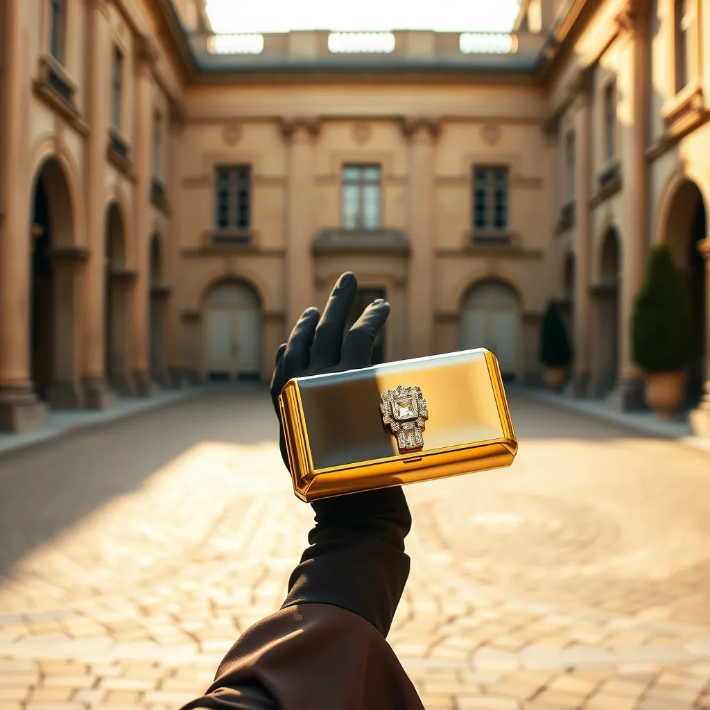 Devant la mairie, la minaudière box à fermoir cristal ponctue la silhouette comme un bijou de main