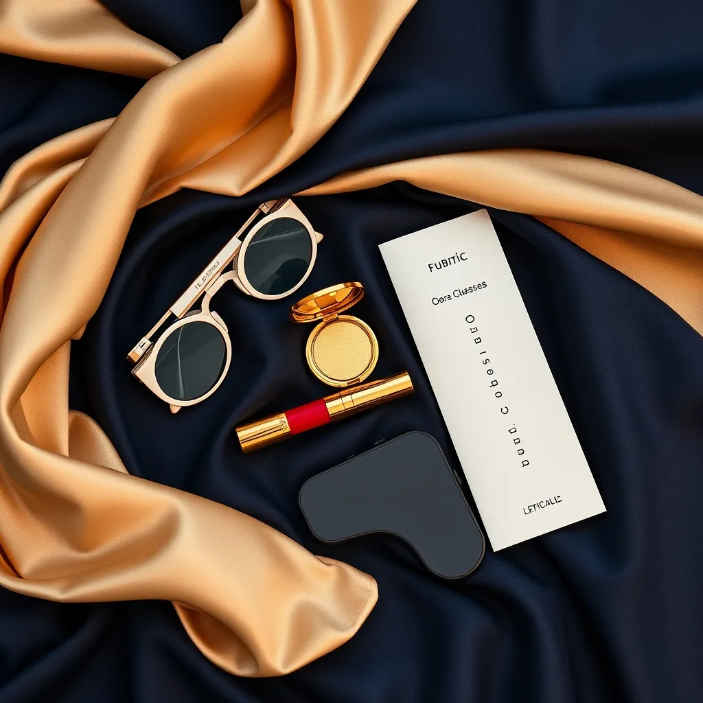 Le contenu type d'un sac opera : jumelles pliantes, programme, poudrier, rouge à lèvres, téléphone et carte, le tout en moins de 18 centimètres