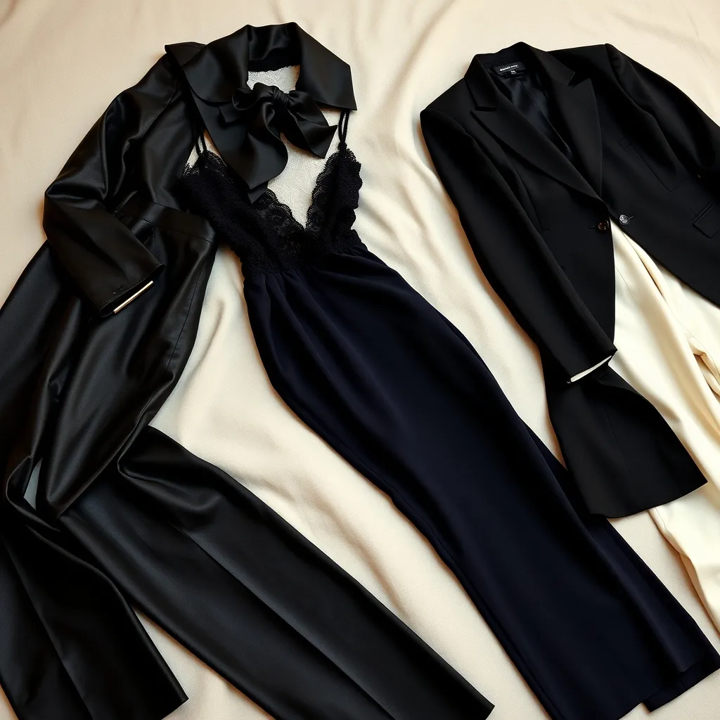 Trois propositions de pantalons de nuit : cuir, crêpe cigarette et satin palazzo, chacun dans un registre distinct