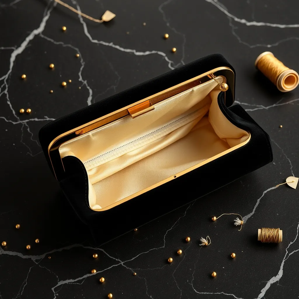 Pochette en velours noir à fermoir boule doré : le soufflet intérieur ajoute 4 cm de contenance
